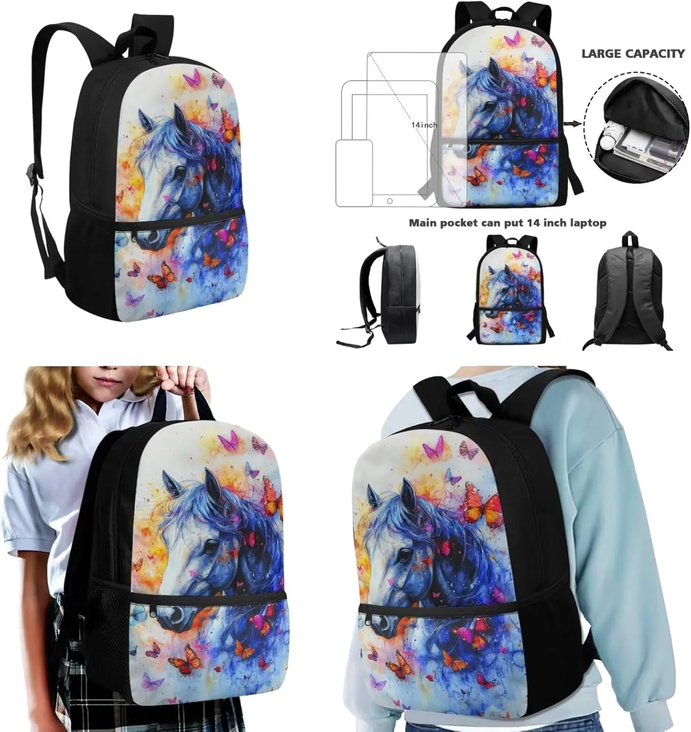 FOR U DESIGNS Horse Backpacks for Girls 3 Piece Backpacks for Girls 8-10 Elementary School Bag and Lunch Bag Set 2nd Grade Book Bags for School Lightweight Travel Rucksack