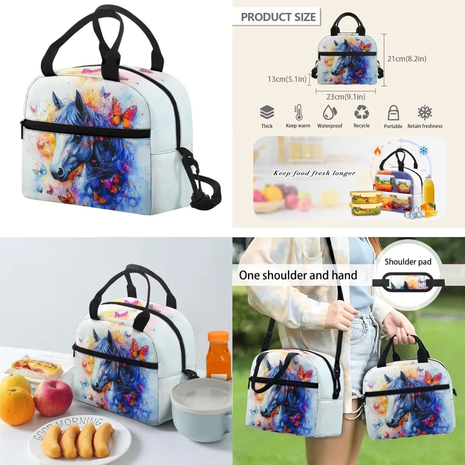 FOR U DESIGNS Horse Backpacks for Girls 3 Piece Backpacks for Girls 8-10 Elementary School Bag and Lunch Bag Set 2nd Grade Book Bags for School Lightweight Travel Rucksack