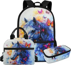 FOR U DESIGNS Horse Backpacks for Girls 3 Piece Backpacks for Girls 8-10 Elementary School Bag and Lunch Bag Set 2nd Grade Book Bags for School Lightweight Travel Rucksack