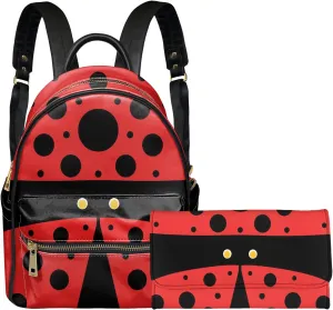 Forchrinse Cartoon Ladybug Womens Leather Backpack Small Laptop Bag Travel Daypack with Long Purse RFID Blocking Trifold Wallet for Ladies