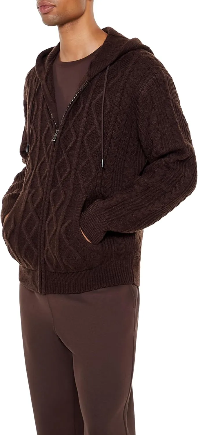 Forever 21 Men's Hooded Cable Knit Zip-up Sweater