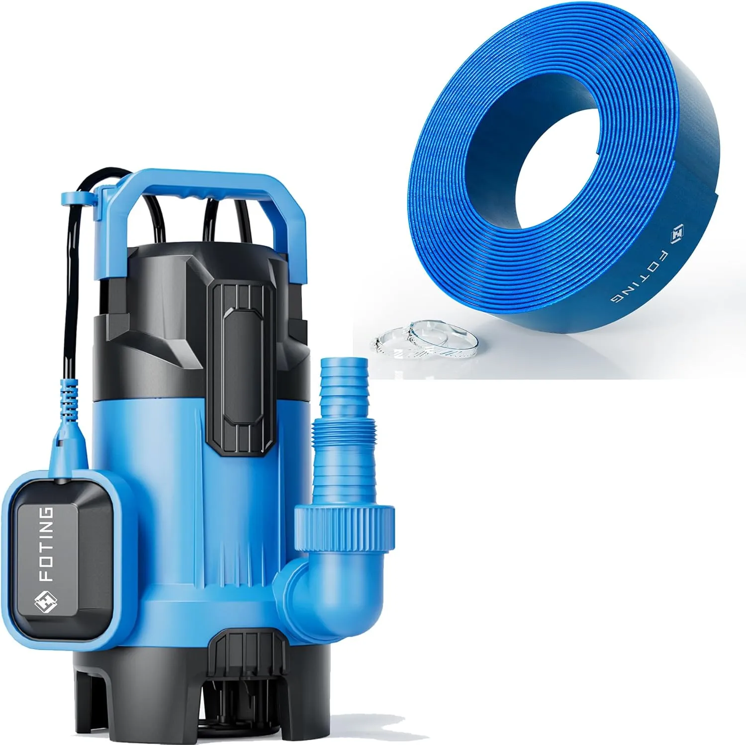 FOTING Sump Pump with 75FT Pool Backwash Hose 1-1/2 lN, 3/4Hp clean/Dirty submersible Water Pump, 4300GPH Utility Pump