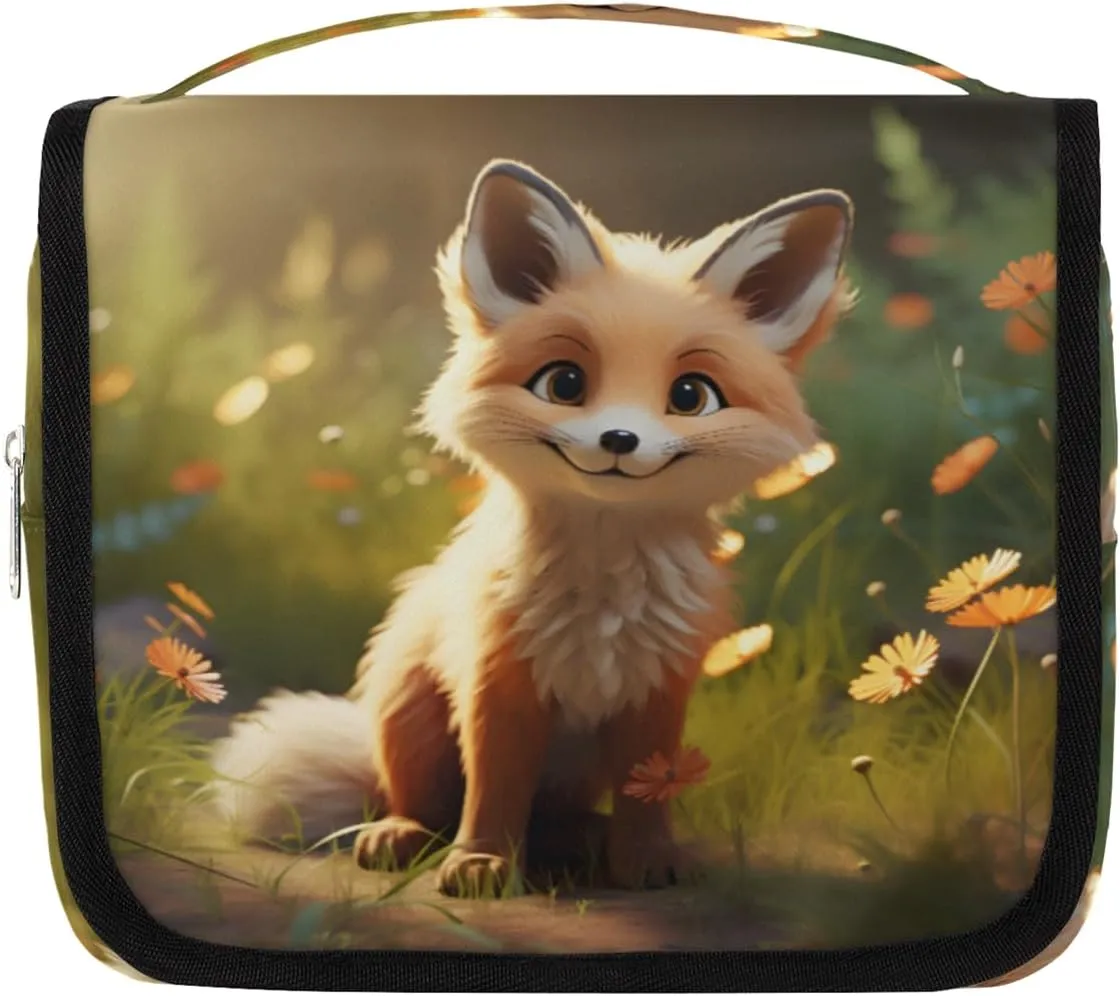 Fox Animal Hanging Travel Toiletry Bag Kit Makeup Case Cosmetics Organizer Cartoon Fox Toiletry Bag for Women Make up Accessories Shampoo Body Cream Brushes Set