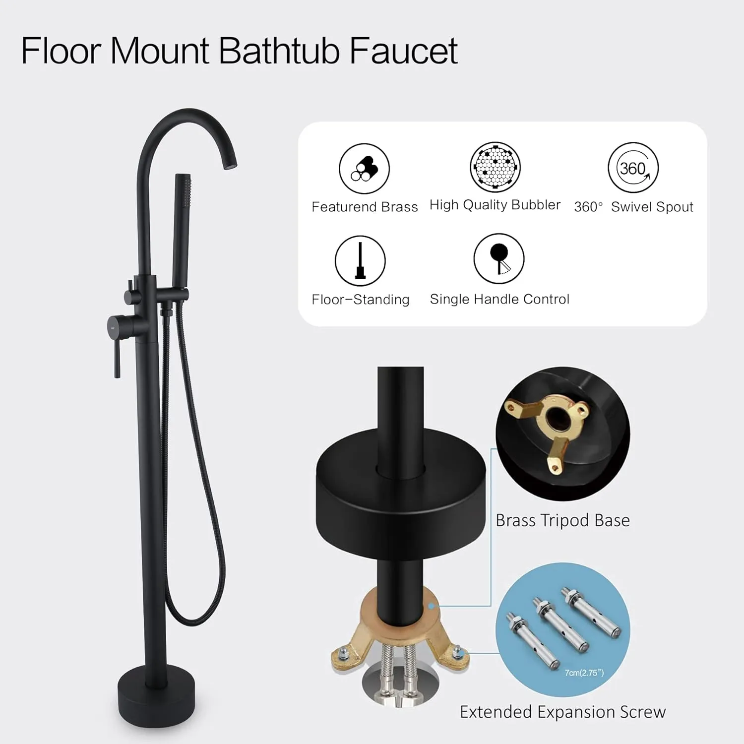 FRANSITON Freestanding Bathtub Faucet Matte Black Floor Mounted Brass Bathroom Freestanding Tub Filler with Hand Shower High Flow Shower Faucets
