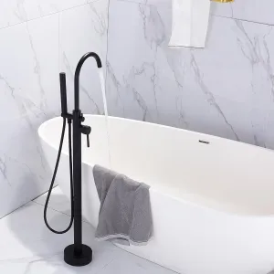 FRANSITON Freestanding Bathtub Faucet Matte Black Floor Mounted Brass Bathroom Freestanding Tub Filler with Hand Shower High Flow Shower Faucets