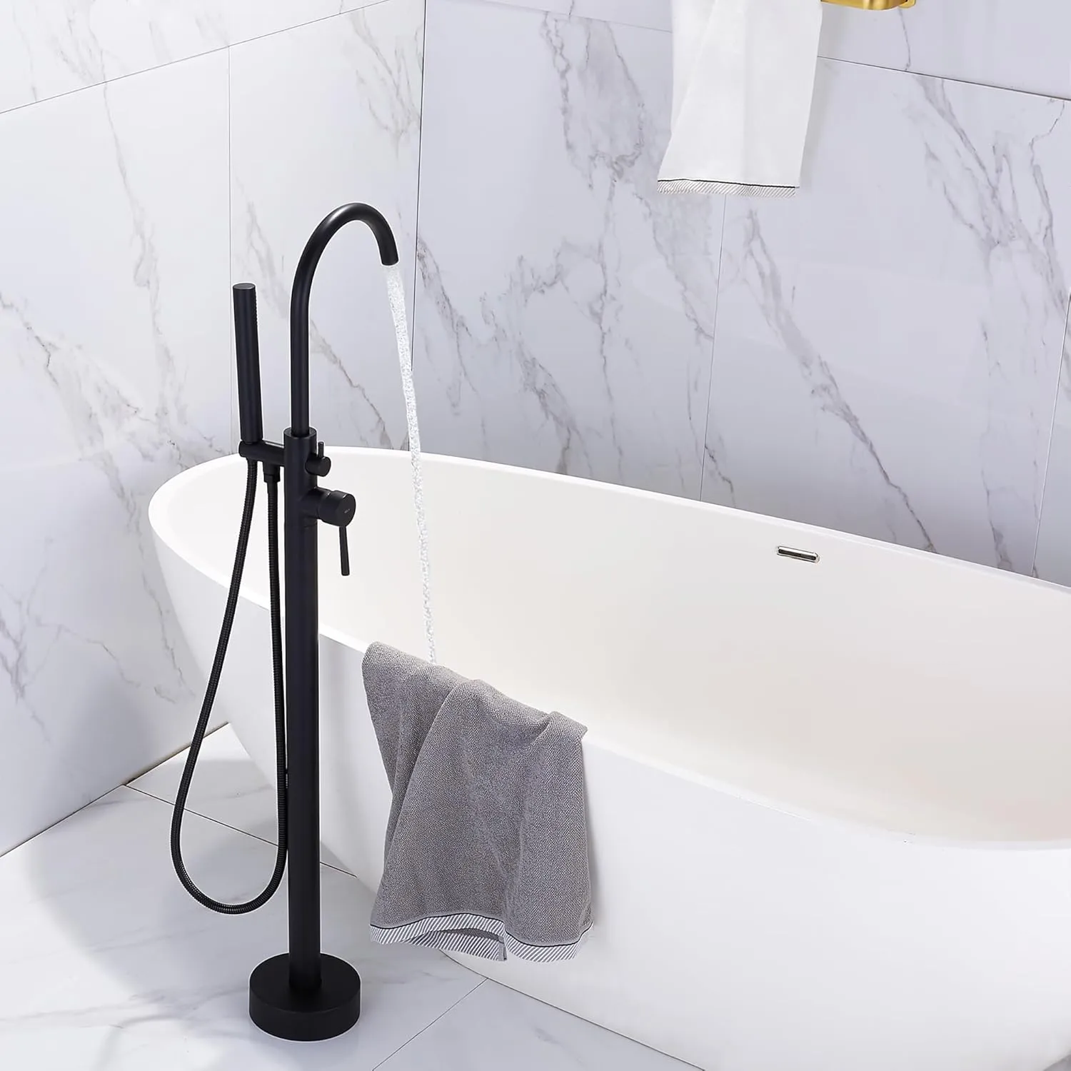 FRANSITON Freestanding Bathtub Faucet Matte Black Floor Mounted Brass Bathroom Freestanding Tub Filler with Hand Shower High Flow Shower Faucets