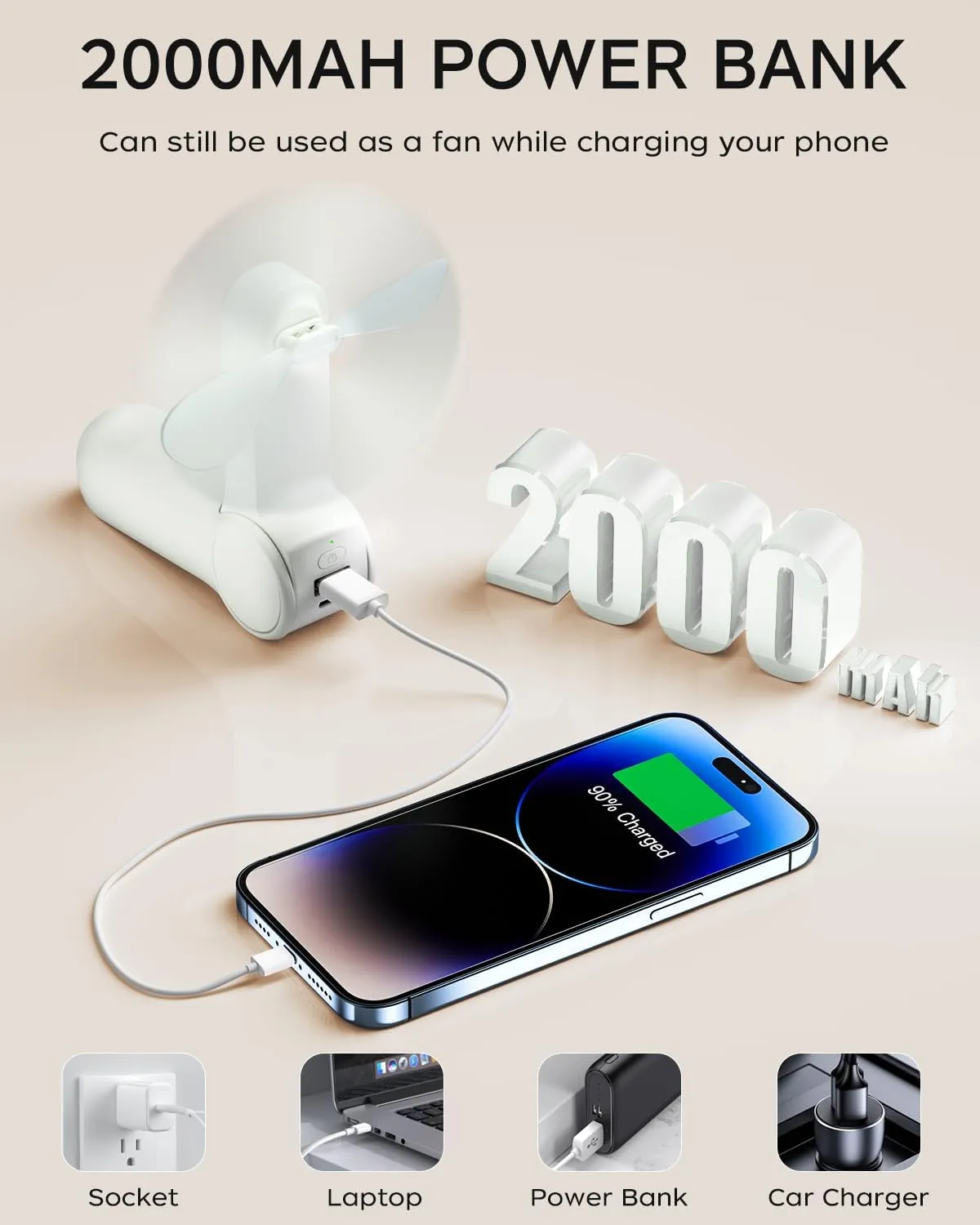 FrSara Portable Handheld Fan Rechargeable, USB Rechargeable Small Pocket Fan, 2000mAh Battery With Power Bank, Upgraded Long Battery Life, Three-Speed, Suitable for Women Outdoors and Travel