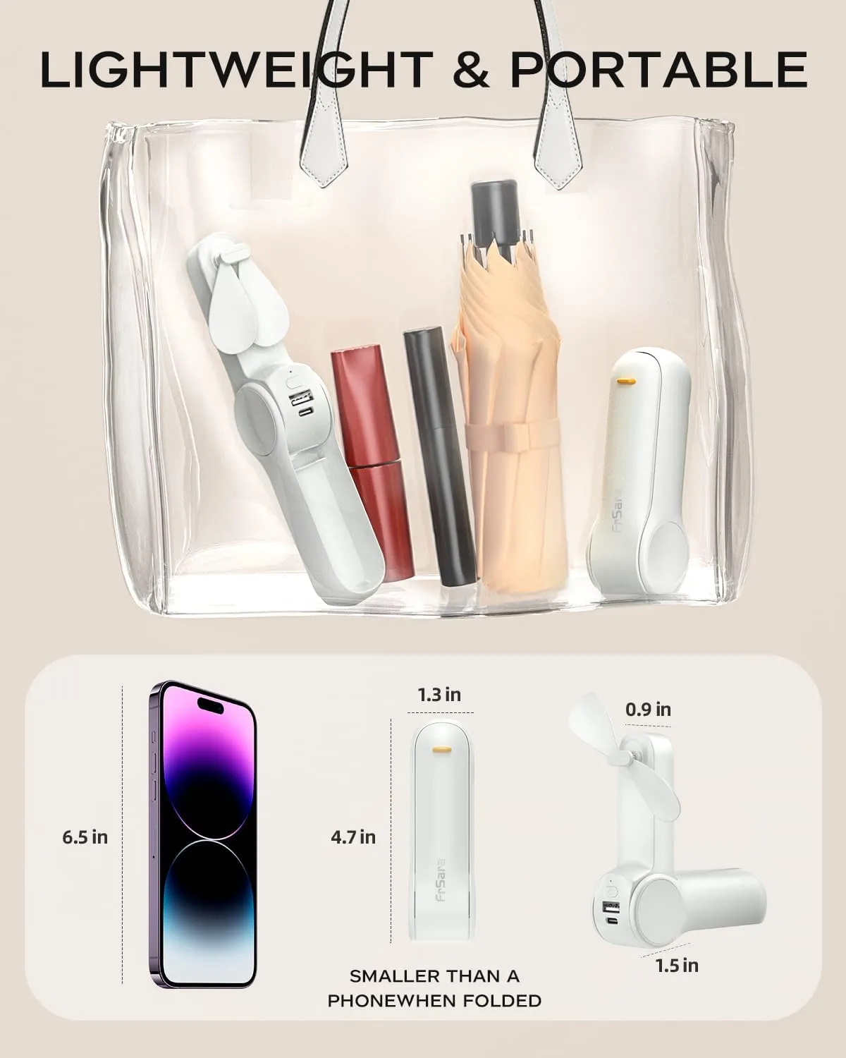 FrSara Portable Handheld Fan Rechargeable, USB Rechargeable Small Pocket Fan, 2000mAh Battery With Power Bank, Upgraded Long Battery Life, Three-Speed, Suitable for Women Outdoors and Travel