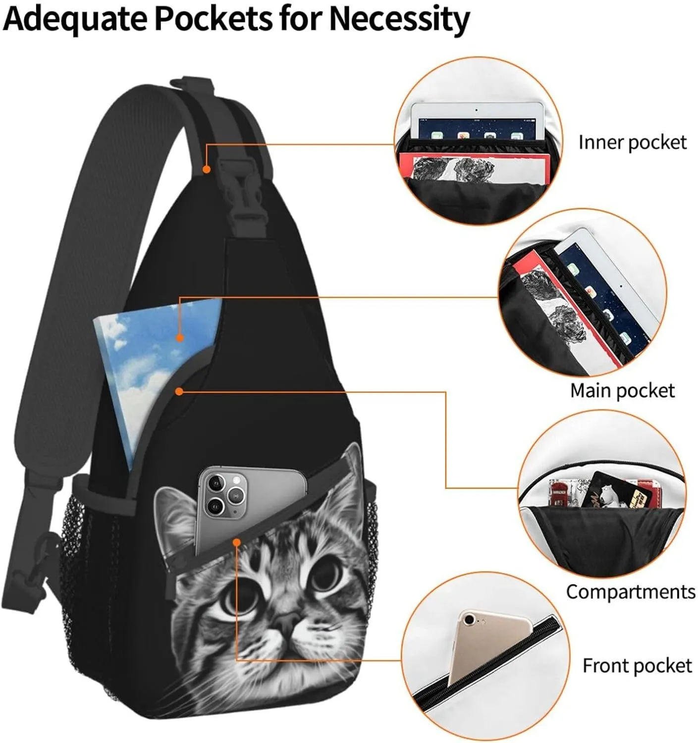 Funny Cat Black Sling Backpack Chest Bag Crossbody Shoulder Bag Gym Cycling Travel Hiking Daypack For Men Women