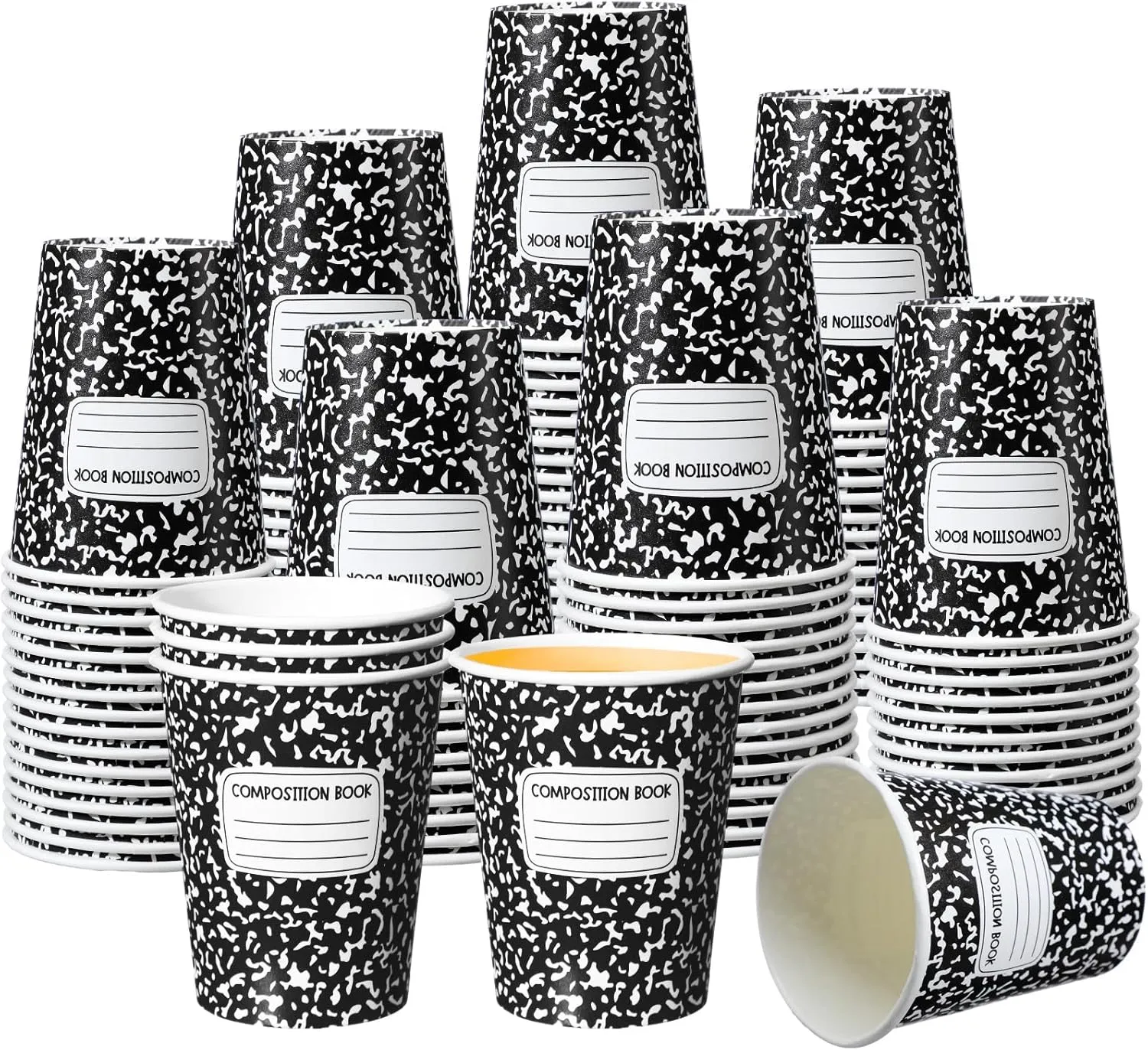 Funtery 100 Pieces End of School Year Paper Cups 9 oz Composition Books Drinking Tea Paper Cups for Back to School Party Favors Graduation Party Classroom Kinder Cold Hot Drinkware Tableware Supplies