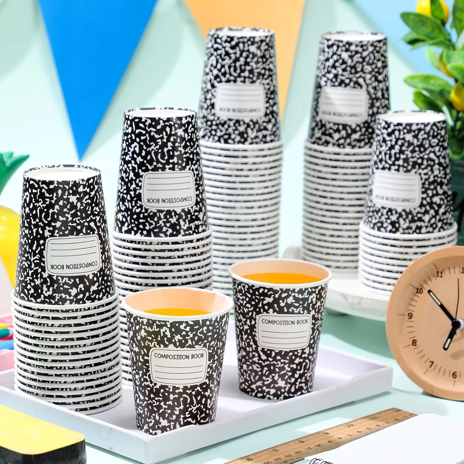 Funtery 100 Pieces End of School Year Paper Cups 9 oz Composition Books Drinking Tea Paper Cups for Back to School Party Favors Graduation Party Classroom Kinder Cold Hot Drinkware Tableware Supplies