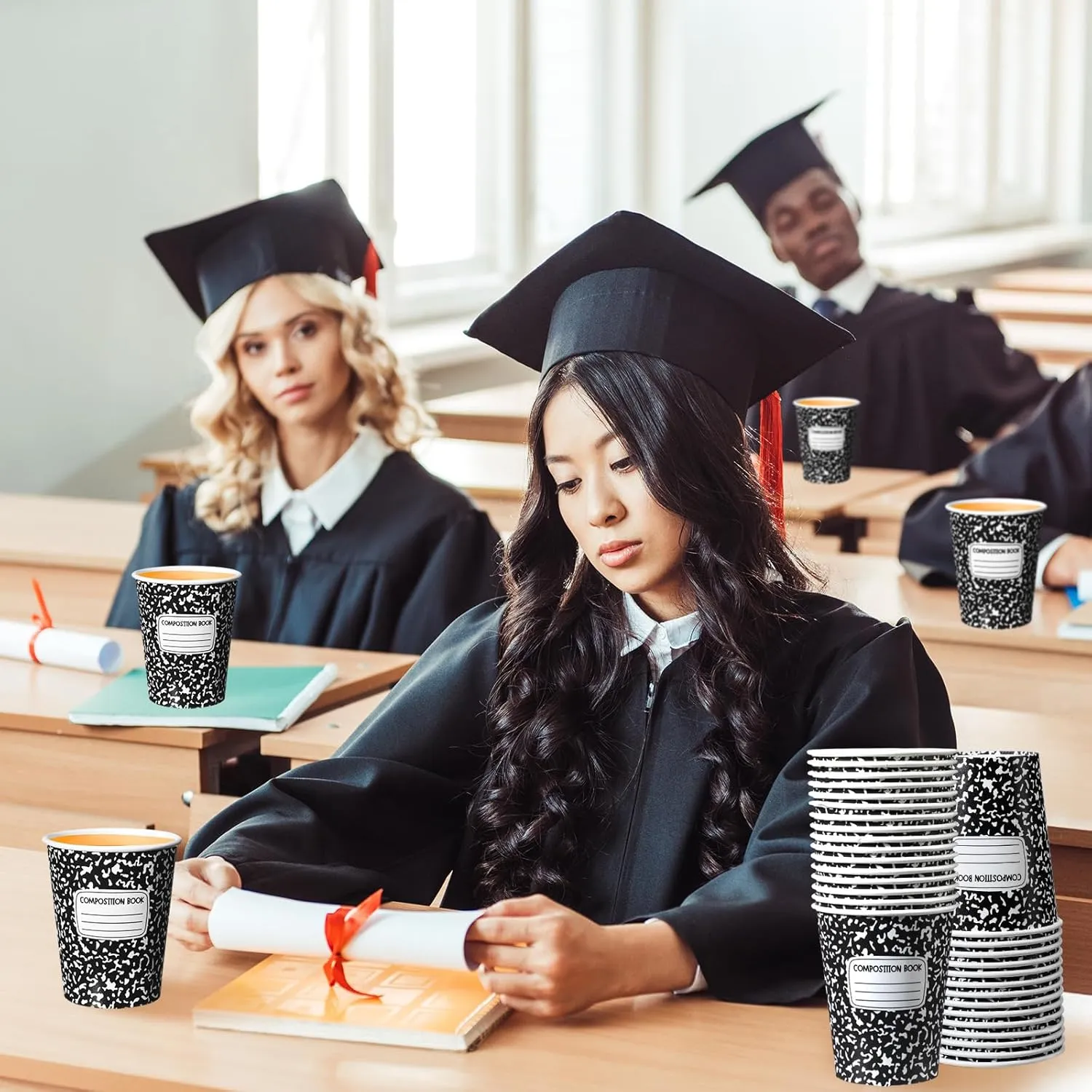 Funtery 100 Pieces End of School Year Paper Cups 9 oz Composition Books Drinking Tea Paper Cups for Back to School Party Favors Graduation Party Classroom Kinder Cold Hot Drinkware Tableware Supplies