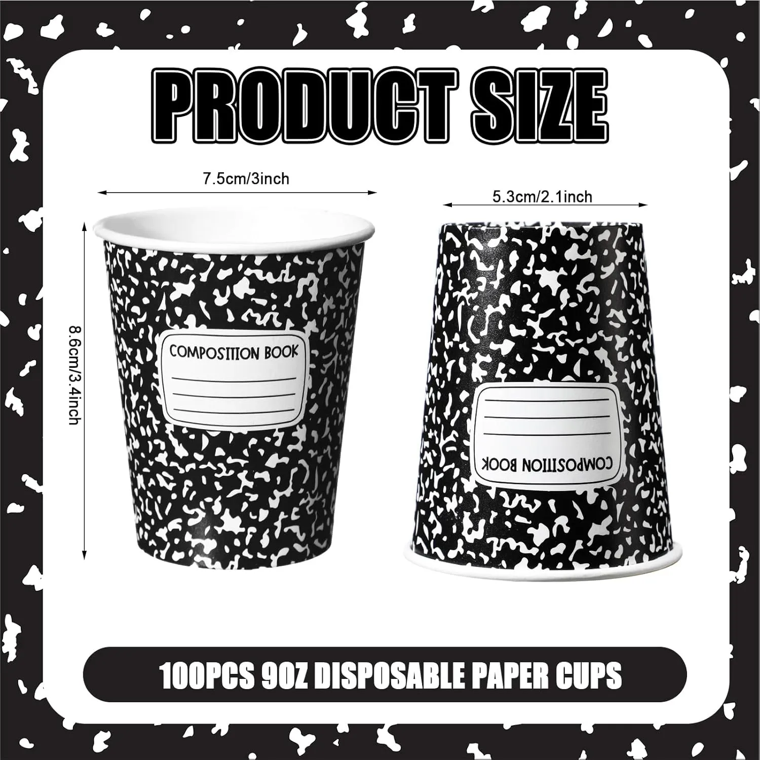 Funtery 100 Pieces End of School Year Paper Cups 9 oz Composition Books Drinking Tea Paper Cups for Back to School Party Favors Graduation Party Classroom Kinder Cold Hot Drinkware Tableware Supplies