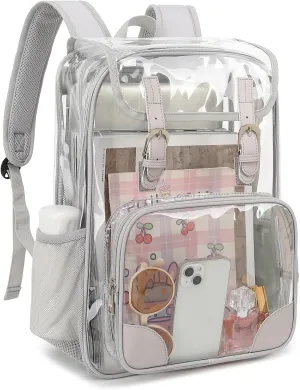 Fuyicat Clear Backpack Heavy Duty PVC Transparent Girls Kids School Backpacks Stadium Approved See Through College Bookbag for Women (Light Grey)