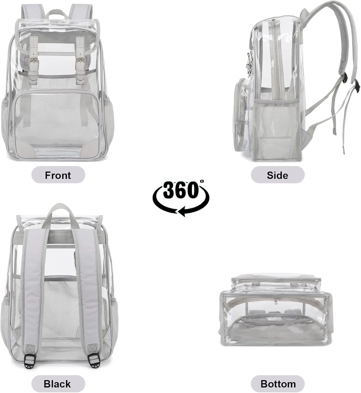 Fuyicat Clear Backpack Heavy Duty PVC Transparent Girls Kids School Backpacks Stadium Approved See Through College Bookbag for Women (Light Grey)