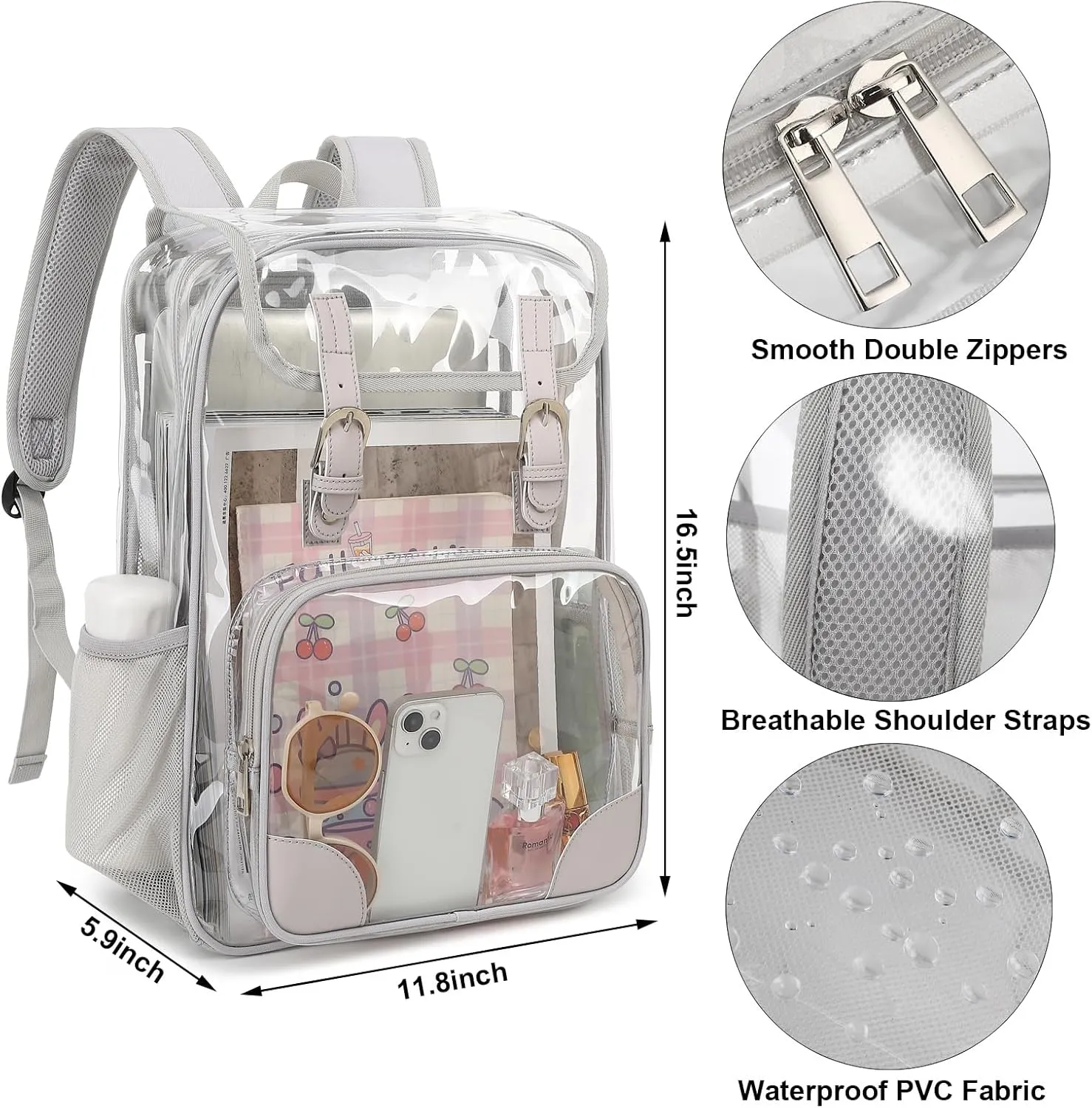 Fuyicat Clear Backpack Heavy Duty PVC Transparent Girls Kids School Backpacks Stadium Approved See Through College Bookbag for Women (Light Grey)