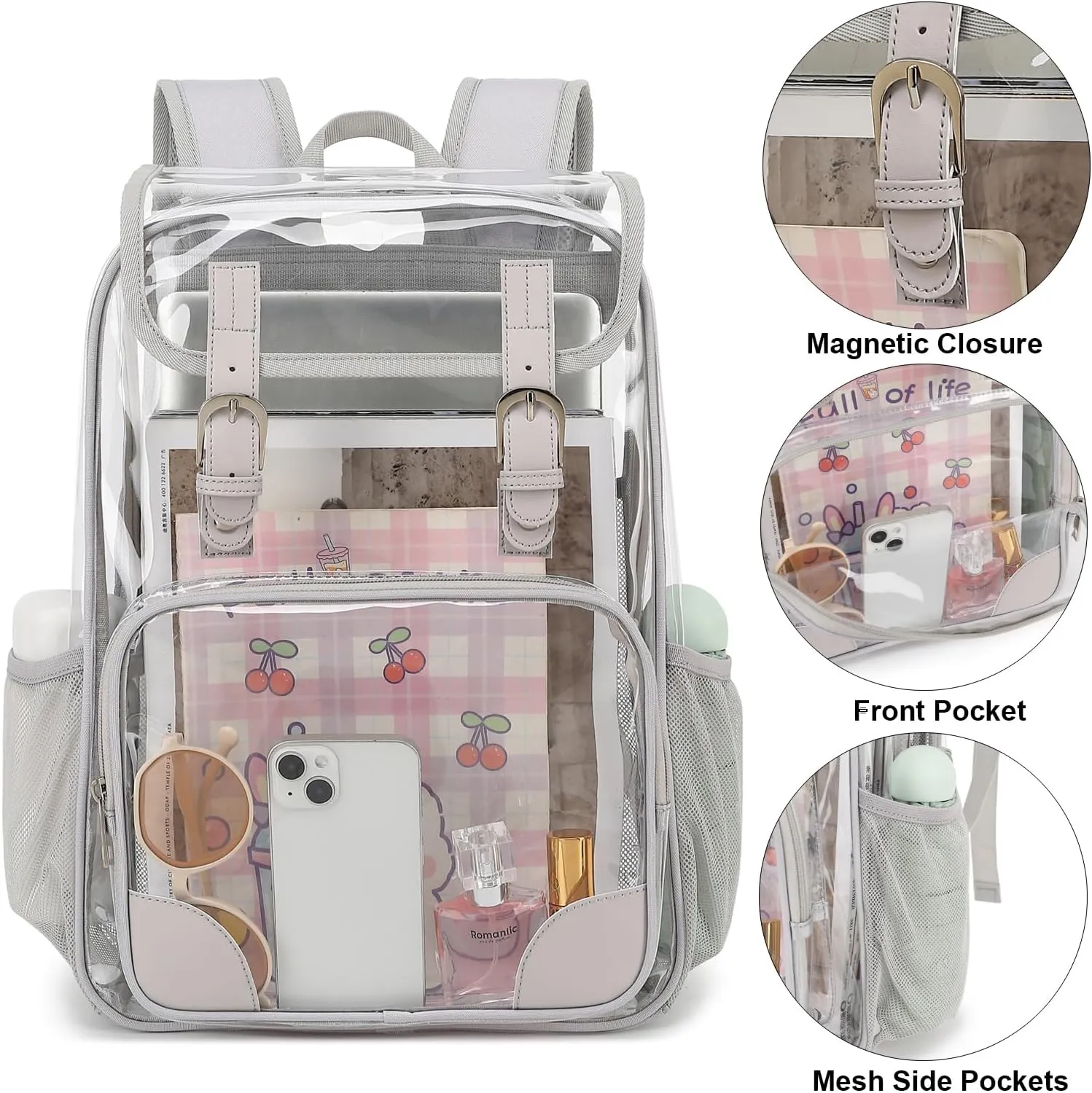 Fuyicat Clear Backpack Heavy Duty PVC Transparent Girls Kids School Backpacks Stadium Approved See Through College Bookbag for Women (Light Grey)