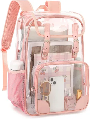 Fuyicat Clear Backpack Heavy Duty PVC Transparent Girls Kids School Backpacks Stadium Approved See Through College Bookbag for Women (Pink)