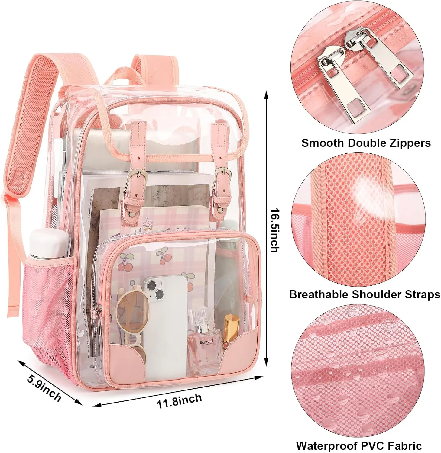 Fuyicat Clear Backpack Heavy Duty PVC Transparent Girls Kids School Backpacks Stadium Approved See Through College Bookbag for Women (Pink)