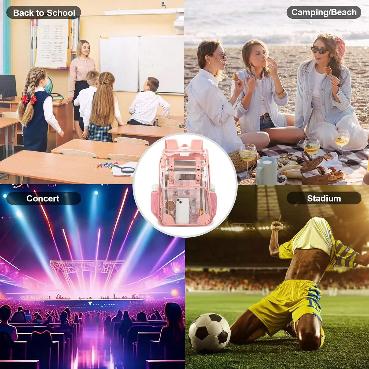 Fuyicat Clear Backpack Heavy Duty PVC Transparent Girls Kids School Backpacks Stadium Approved See Through College Bookbag for Women (Pink)