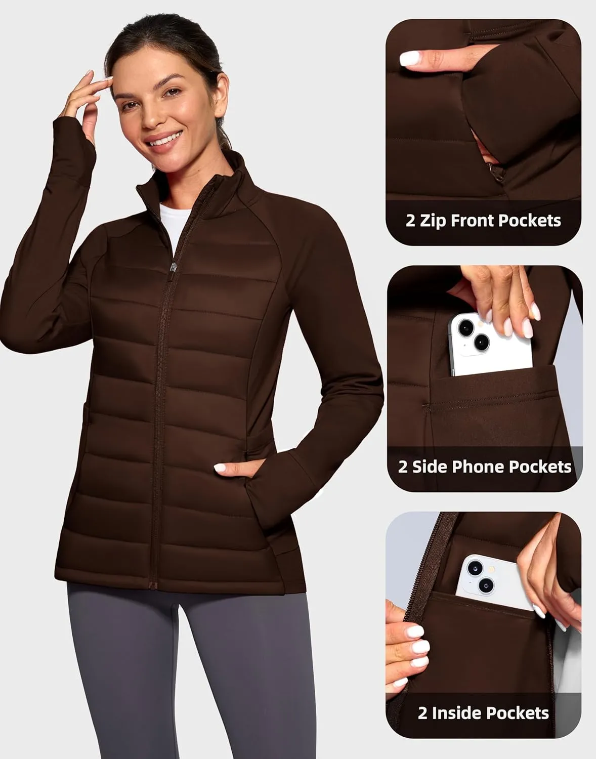 G Gradual Women's Running Fleece Lined Jackets 6 Pockets Lightweight Water Resistant Puffer Jacket for Hiking Travel