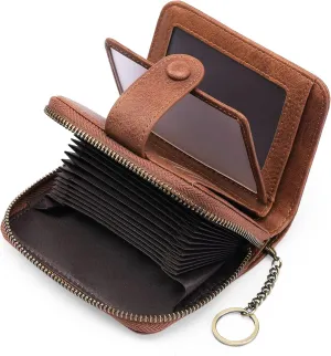 GAEKEAO Leather Credit Card Holder Small Wallet for Women RFID Blocking Bifold Zipper Card Case Organizer Wallet with Keychain
