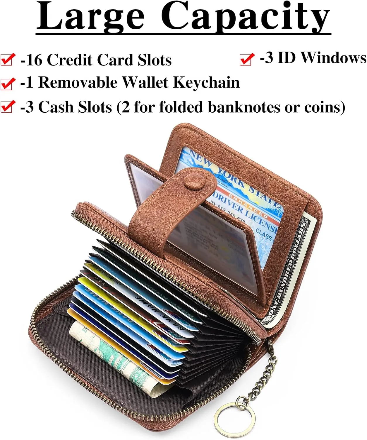 GAEKEAO Leather Credit Card Holder Small Wallet for Women RFID Blocking Bifold Zipper Card Case Organizer Wallet with Keychain