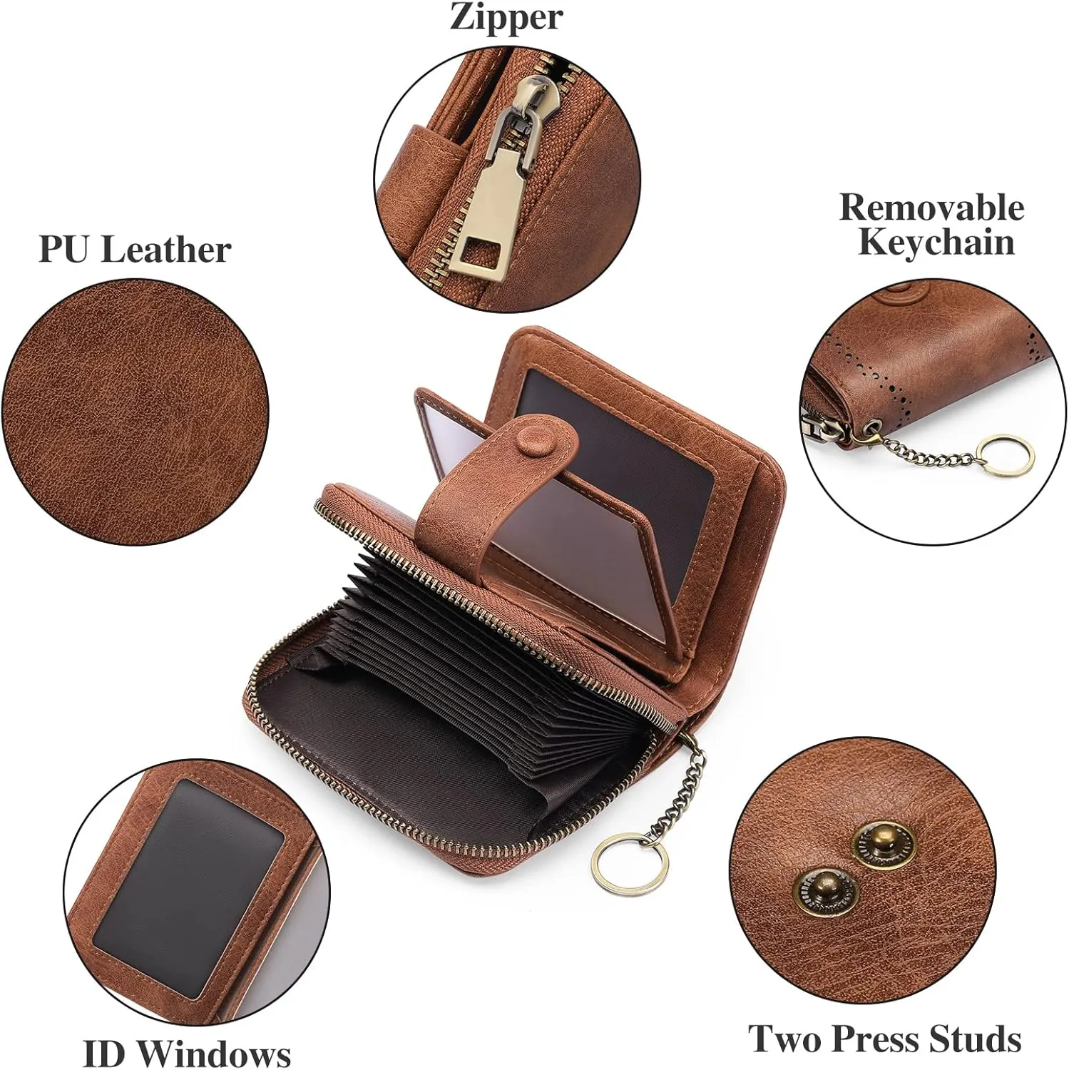 GAEKEAO Leather Credit Card Holder Small Wallet for Women RFID Blocking Bifold Zipper Card Case Organizer Wallet with Keychain