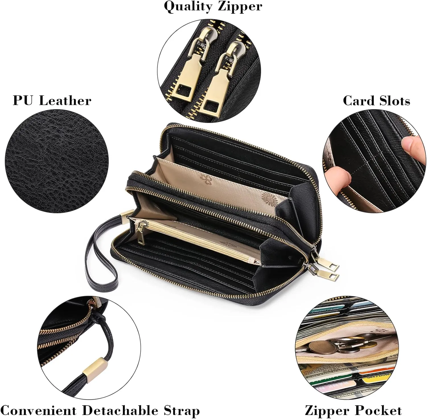 GAEKEAO Wallet for Women Clutch RFID Blocking Leather Wristlet Purse Large Capacity Credit Card Holder with Grip Hand Strap