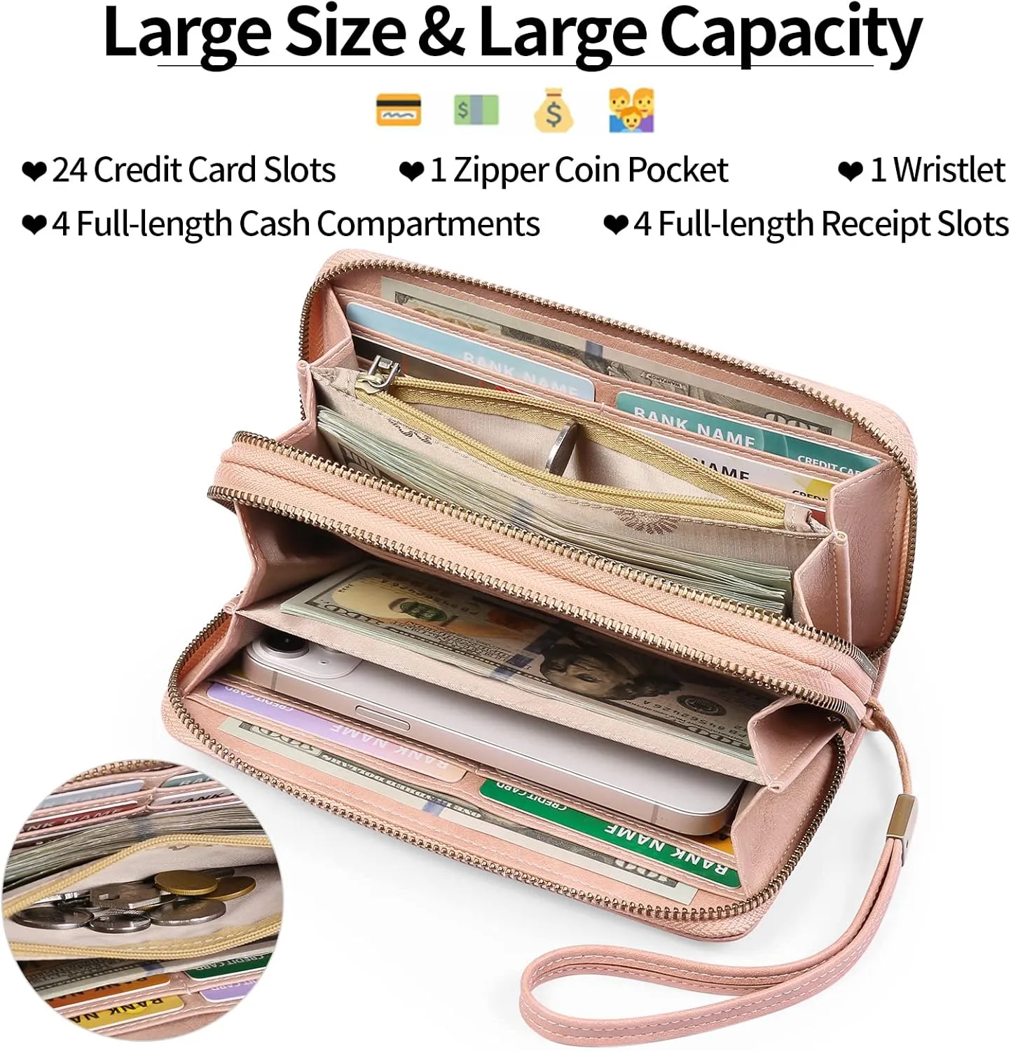 GAEKEAO Wallet for Women Clutch RFID Blocking Wristlet Leather Purse Large Capacity Credit Card Holder with Grip Hand Strap