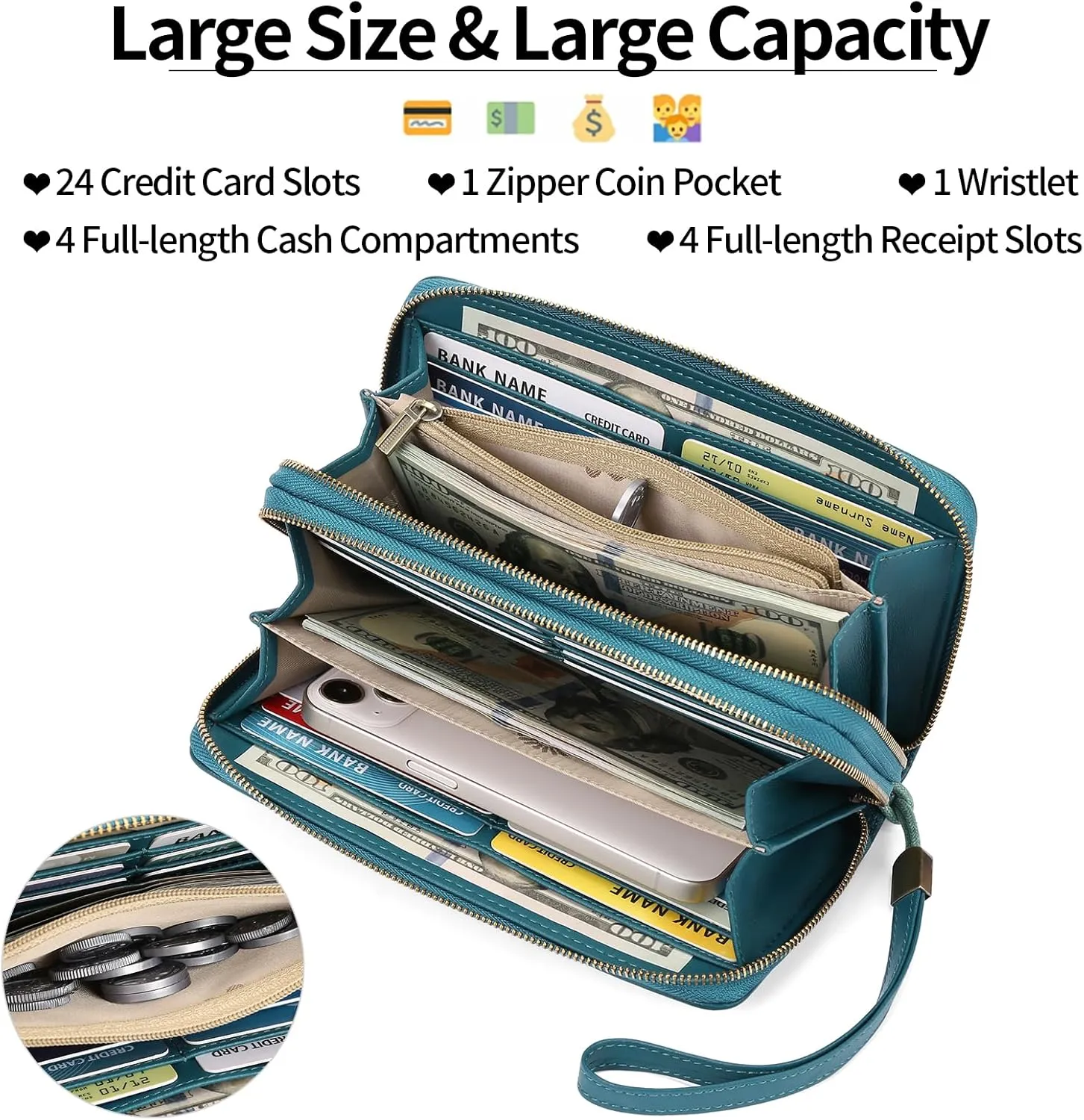 GAEKEAO Wallet for Women Clutch RFID Blocking Wristlet Leather Purse Large Capacity Credit Card Holder with Grip Hand Strap