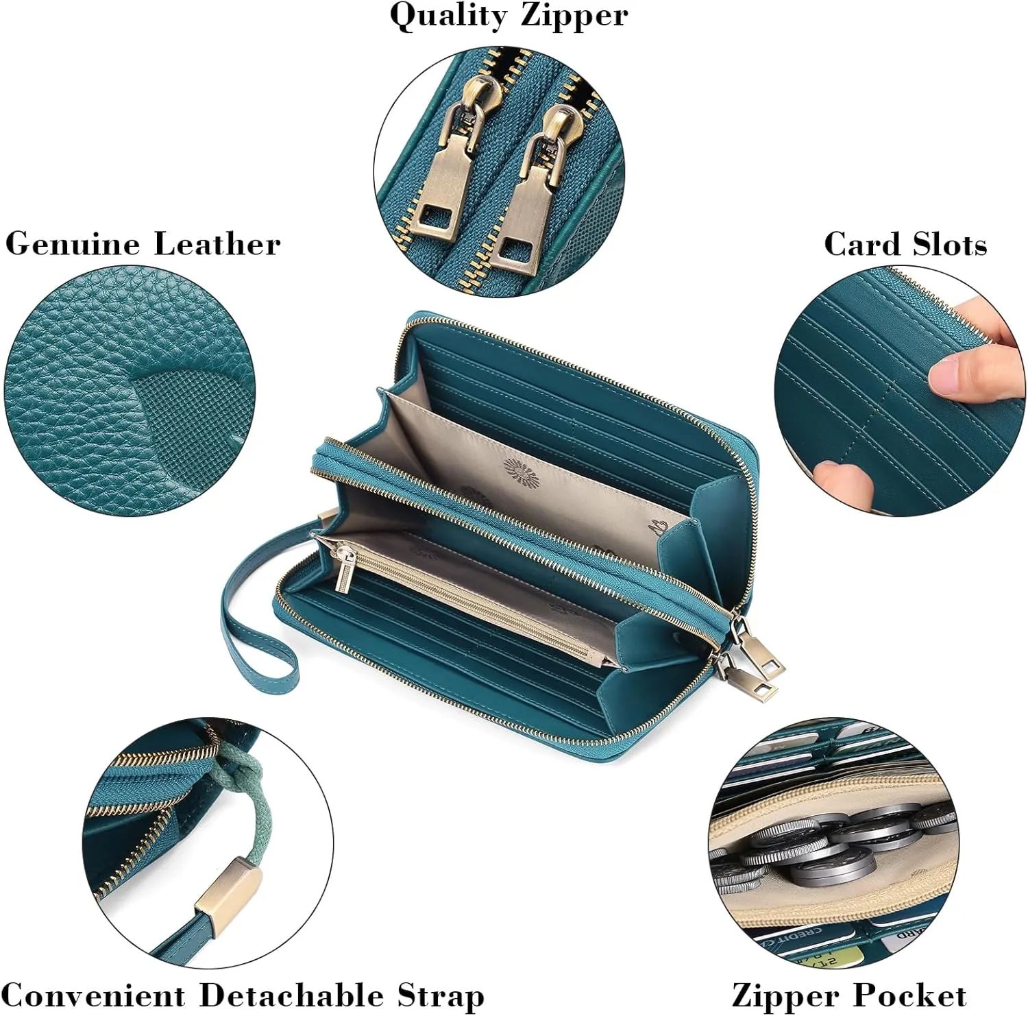 GAEKEAO Wallet for Women Clutch RFID Blocking Wristlet Leather Purse Large Capacity Credit Card Holder with Grip Hand Strap