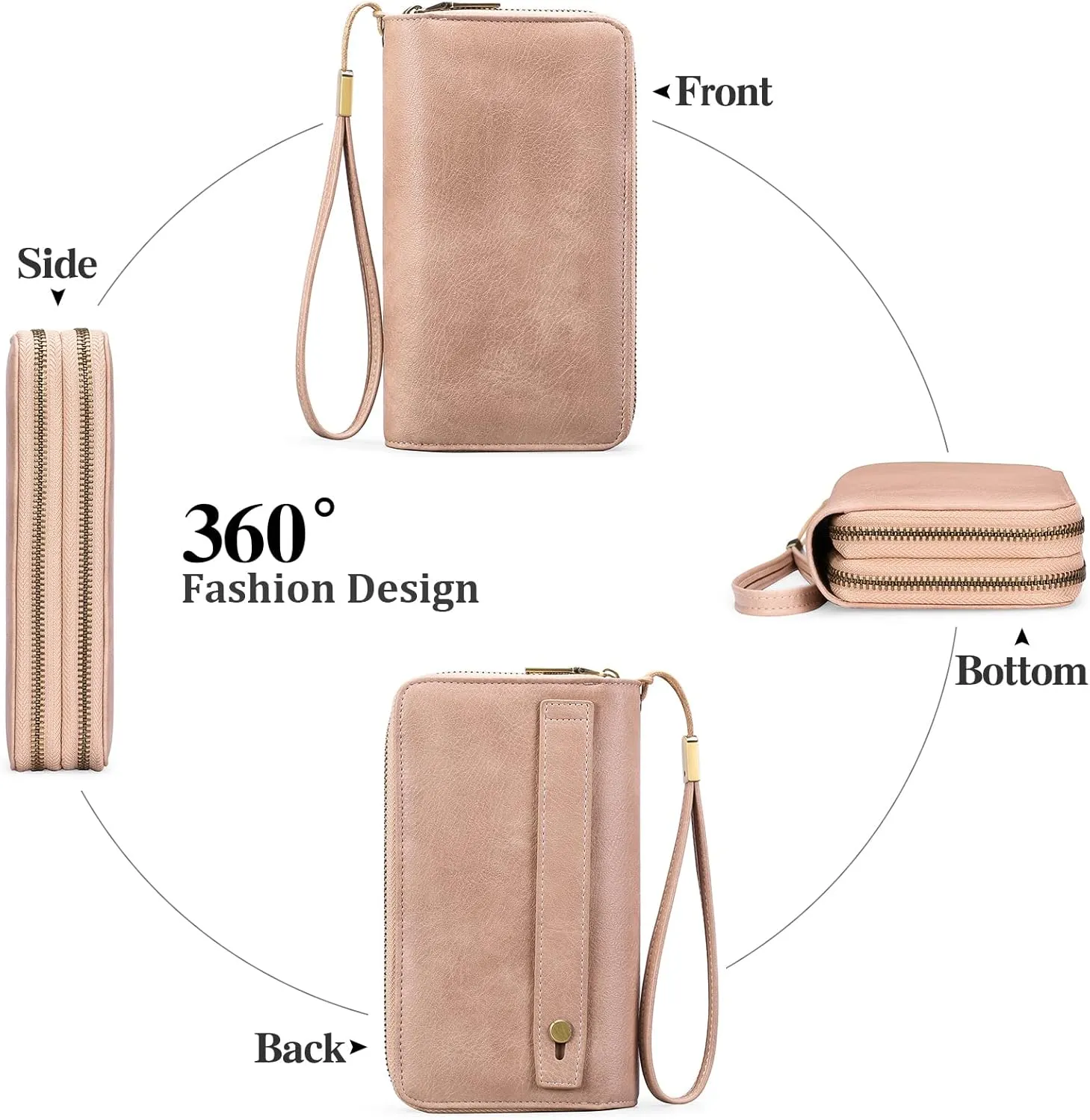 GAEKEAO Wallet for Women Clutch RFID Blocking Wristlet Leather Purse Large Capacity Credit Card Holder with Grip Hand Strap