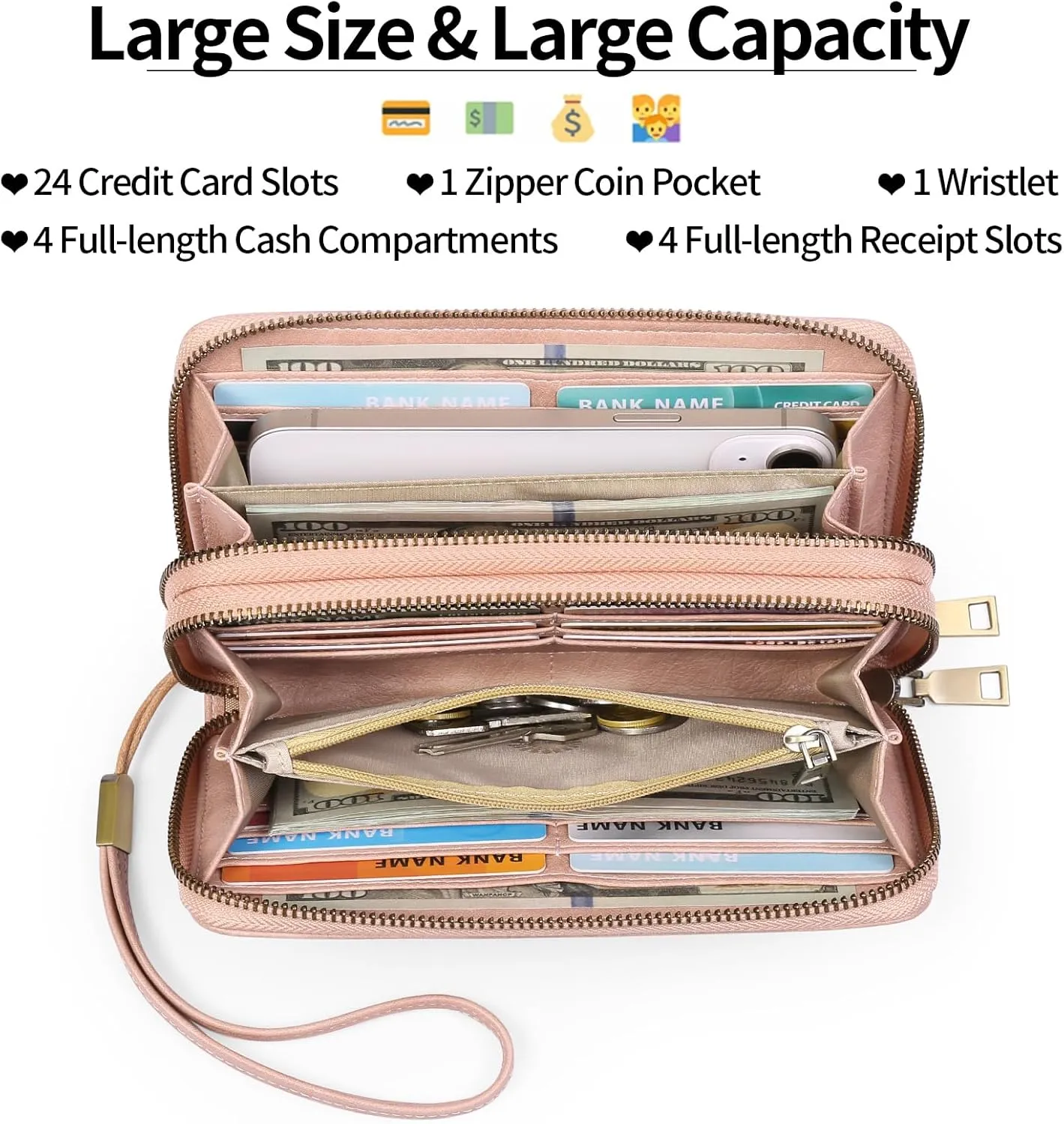 GAEKEAO Wallet for Women Clutch RFID Blocking Wristlet Leather Purse Large Capacity Credit Card Holder with Grip Hand Strap