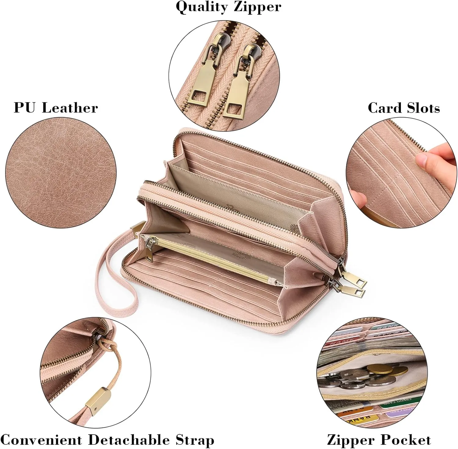 GAEKEAO Wallet for Women Clutch RFID Blocking Wristlet Leather Purse Large Capacity Credit Card Holder with Grip Hand Strap