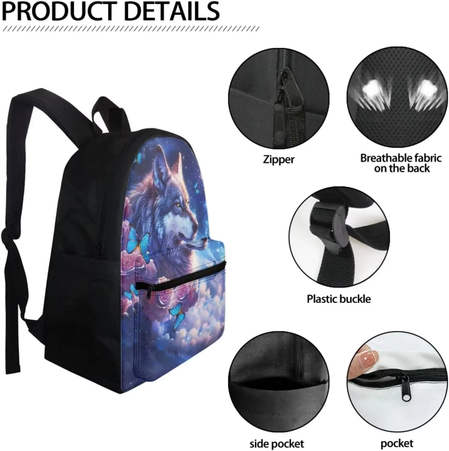 Galaxy Wolf Backpack for Boys 8-10/10-12 Middle School Bag Kids Bookbag With Lunch Box Pencil Case Set 3 In 1 Teens Backpacks 3Rd/4Th/5Th/6Th Grade Butterfly Flower Book Bags Purple