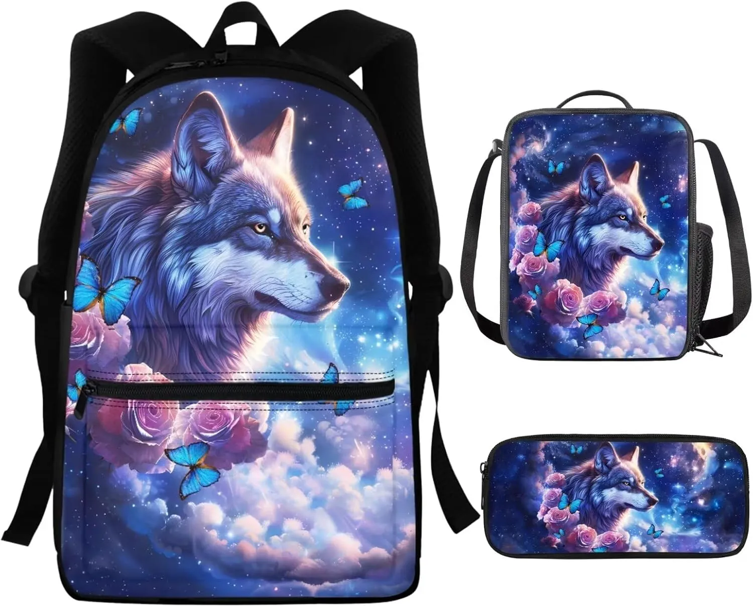 Galaxy Wolf Backpack for Boys 8-10/10-12 Middle School Bag Kids Bookbag With Lunch Box Pencil Case Set 3 In 1 Teens Backpacks 3Rd/4Th/5Th/6Th Grade Butterfly Flower Book Bags Purple