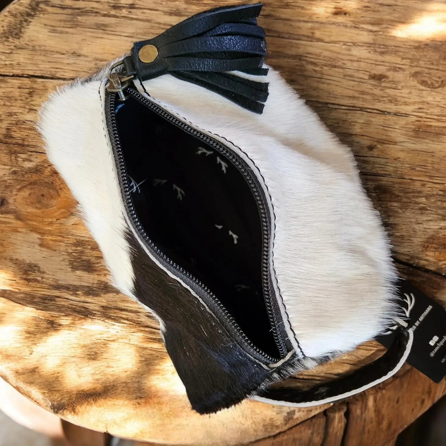 Genuine Cowhide Handcrafted Cosmetic Pouch Highlands Black Mix Cowhide Makeup Bag
