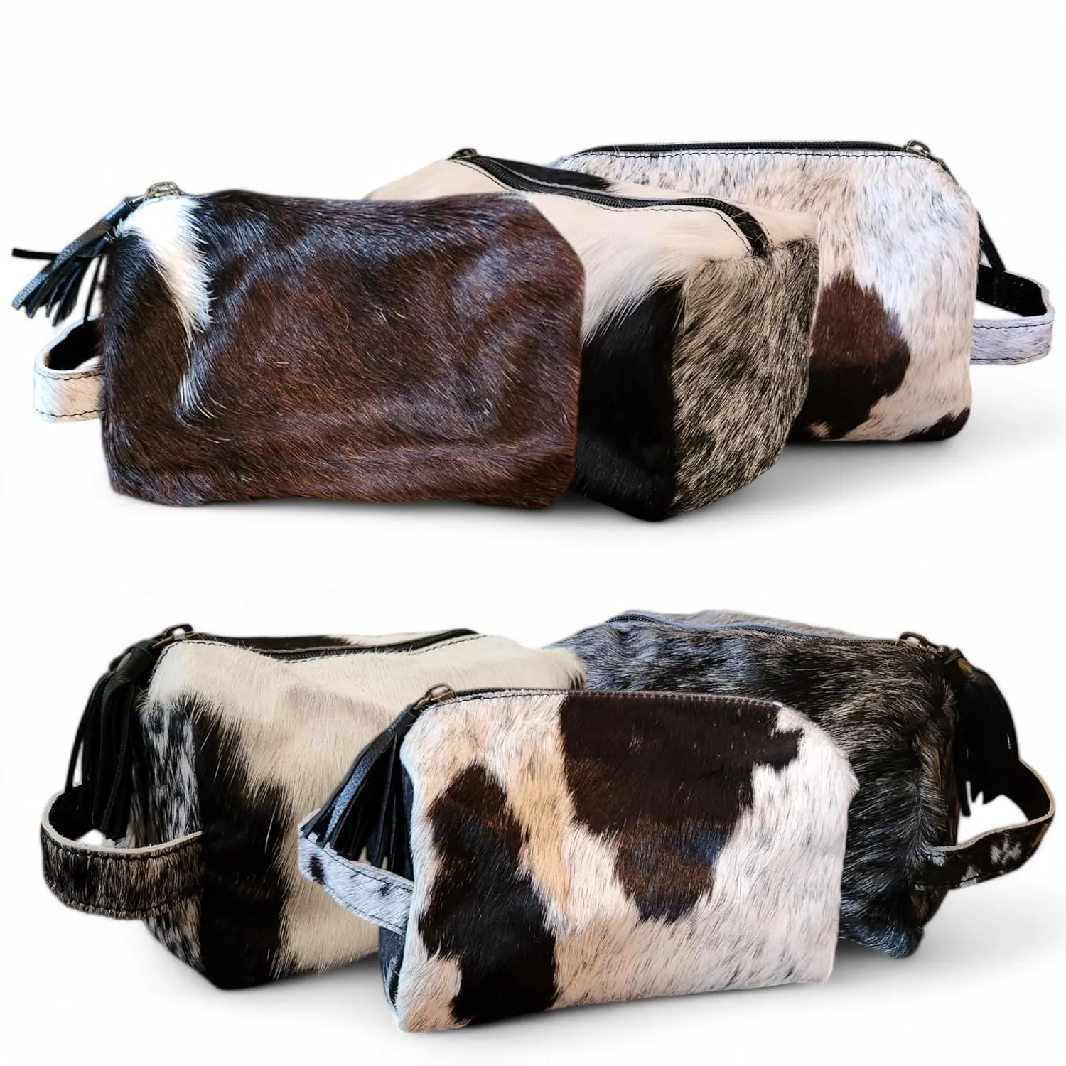 Genuine Cowhide Handcrafted Cosmetic Pouch Highlands Black Mix Cowhide Makeup Bag