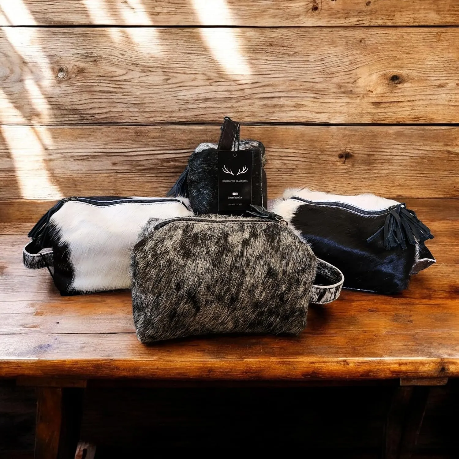 Genuine Cowhide Handcrafted Cosmetic Pouch Highlands Black Mix Cowhide Makeup Bag