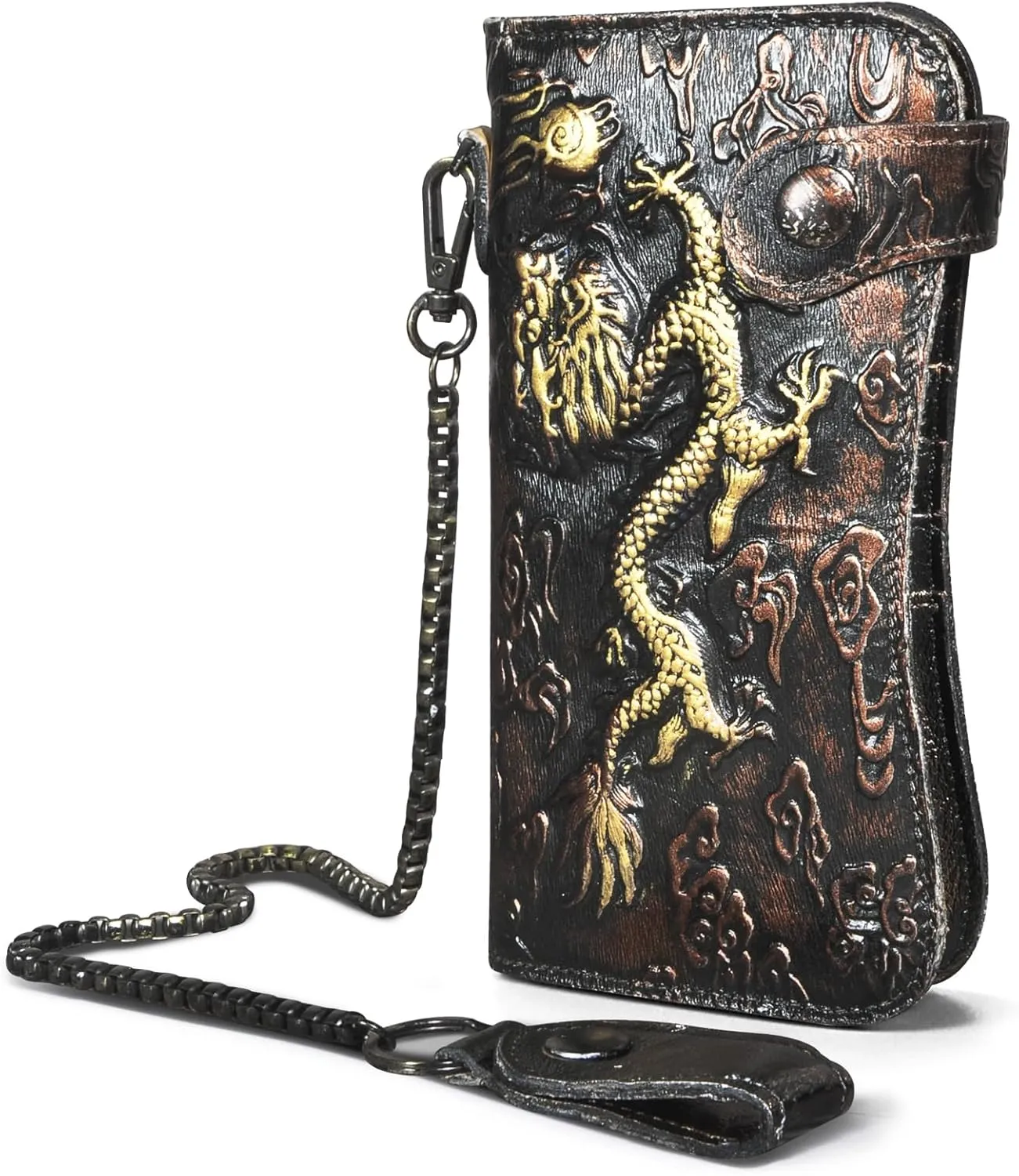 Genuine Crazy Horse Leather Travel Gift Coin Pocket Card Case Long Organizer Chain Rfid Wallet Purse With Snap For Men Male 1088 (1088 Coffee)
