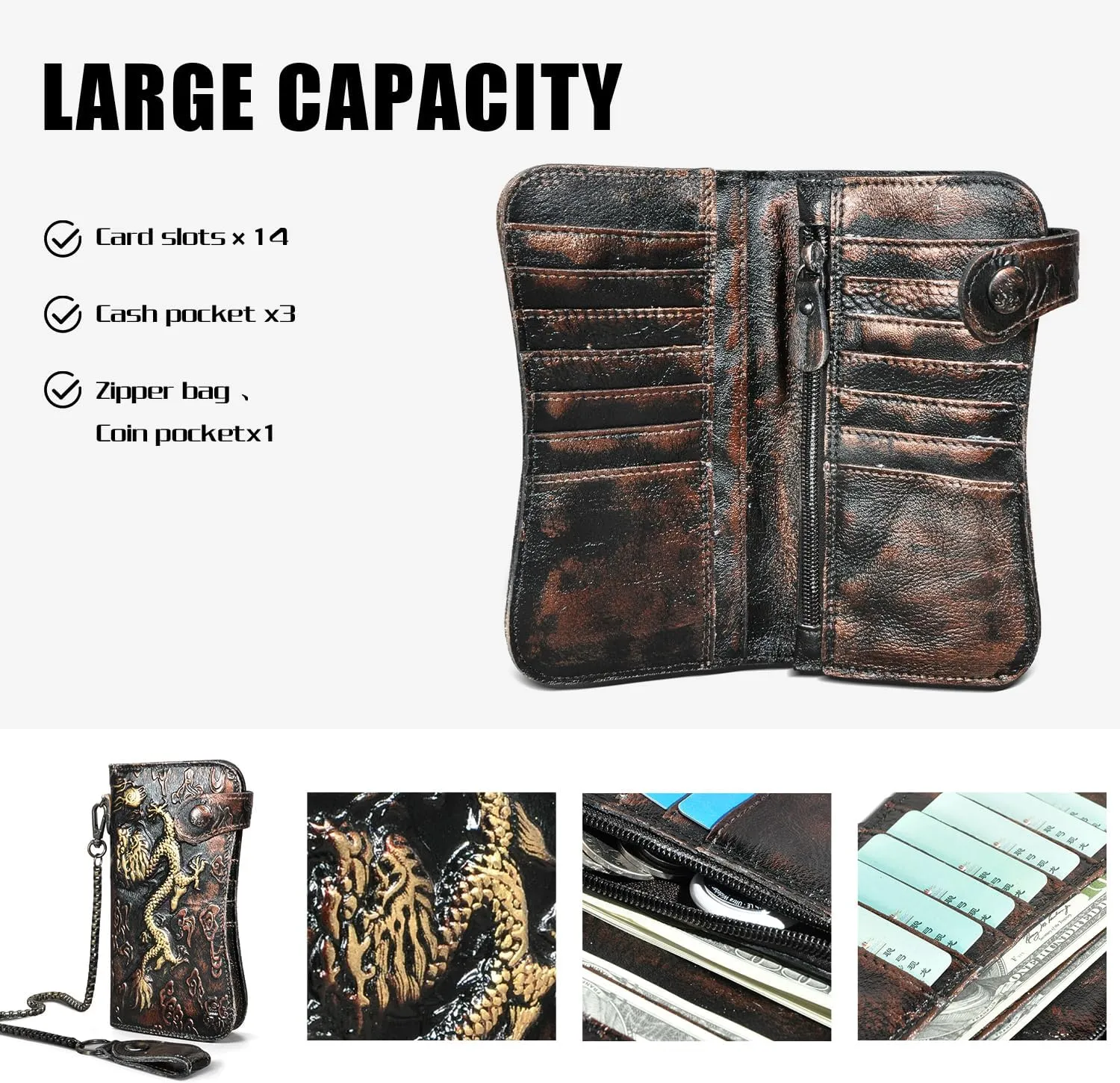 Genuine Crazy Horse Leather Travel Gift Coin Pocket Card Case Long Organizer Chain Rfid Wallet Purse With Snap For Men Male 1088 (1088 Coffee)