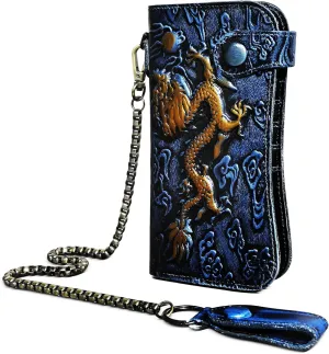Genuine Crazy Horse Leather Travel Gift Coin Pocket Card Case Long Organizer Chain Rfid Wallet Purse With Snap For Men Male 1088 (1088 Dark Blue)