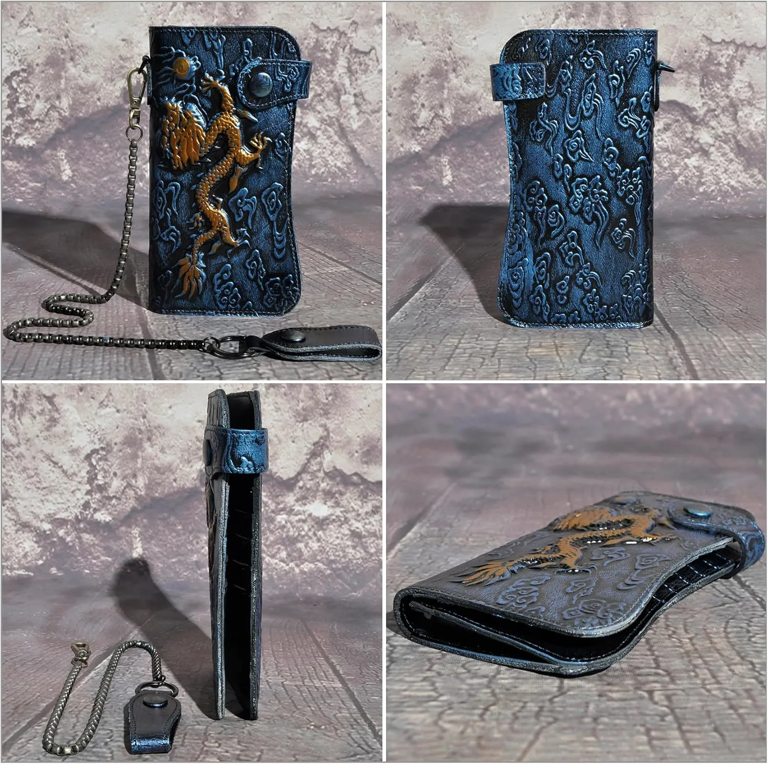 Genuine Crazy Horse Leather Travel Gift Coin Pocket Card Case Long Organizer Chain Rfid Wallet Purse With Snap For Men Male 1088 (1088 Dark Blue)