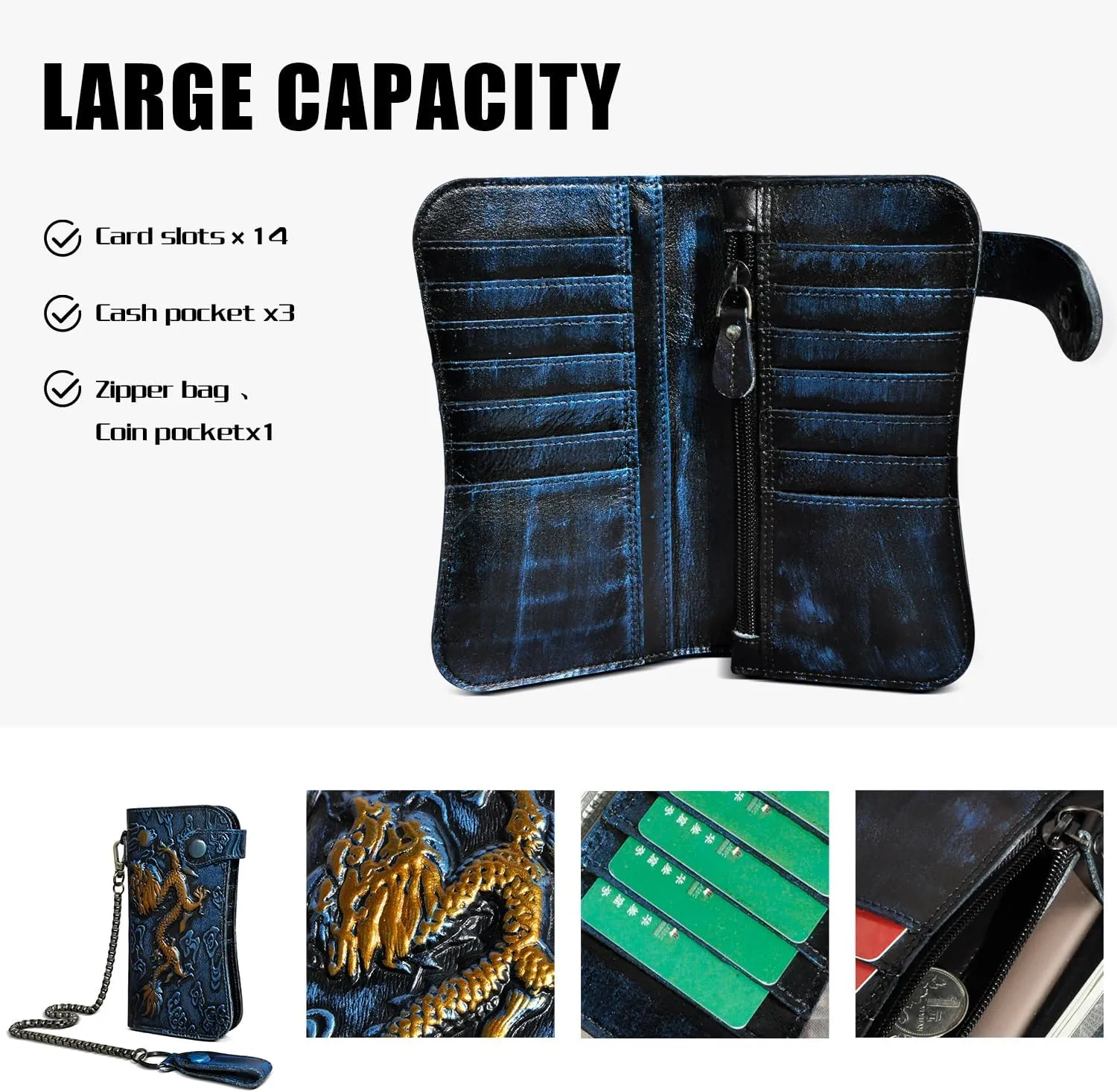 Genuine Crazy Horse Leather Travel Gift Coin Pocket Card Case Long Organizer Chain Rfid Wallet Purse With Snap For Men Male 1088 (1088 Dark Blue)
