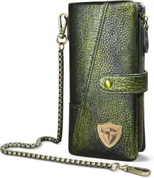Genuine Crazy Horse Leather Travel Gift Coin Pocket Card Case Long Organizer Chain Rfid Wallet Purse With Snap For Men Male 1803 (1803 Green)