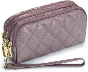 Genuine Leather Wristlet Wallets for Women - Quilted Ladies Clutch Purses