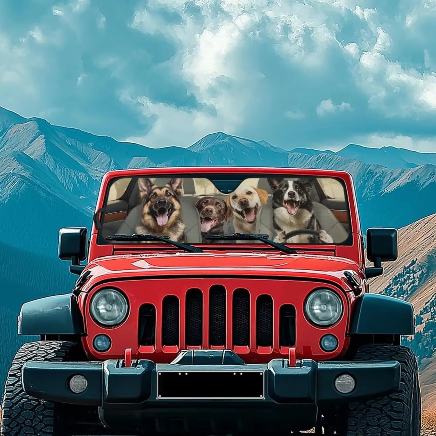 German Shepherd Windshield Sun Shade Compatible with Wrangler Rubicon Sahara TJ JK JKU 2 & 4 Door Funny Car Sun Shade Keep Your Vehicle Cool