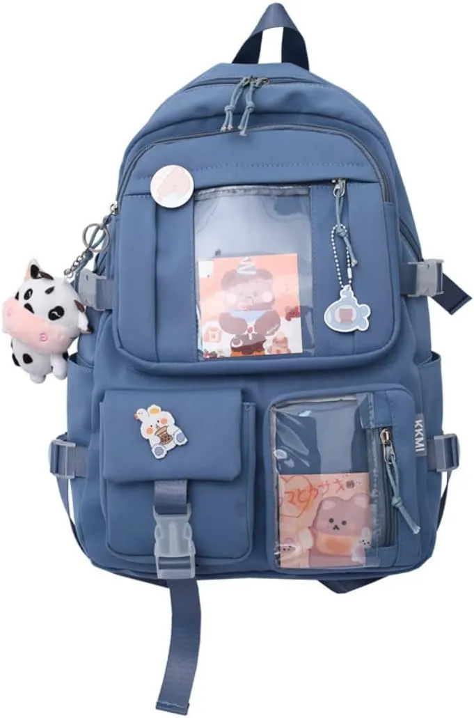 GGOOB Kawaii Backpack with Pins Kawaii School Backpack Cute Aesthetic Backpack Cute Kawaii Backpack for School (Blue, With Accessories)