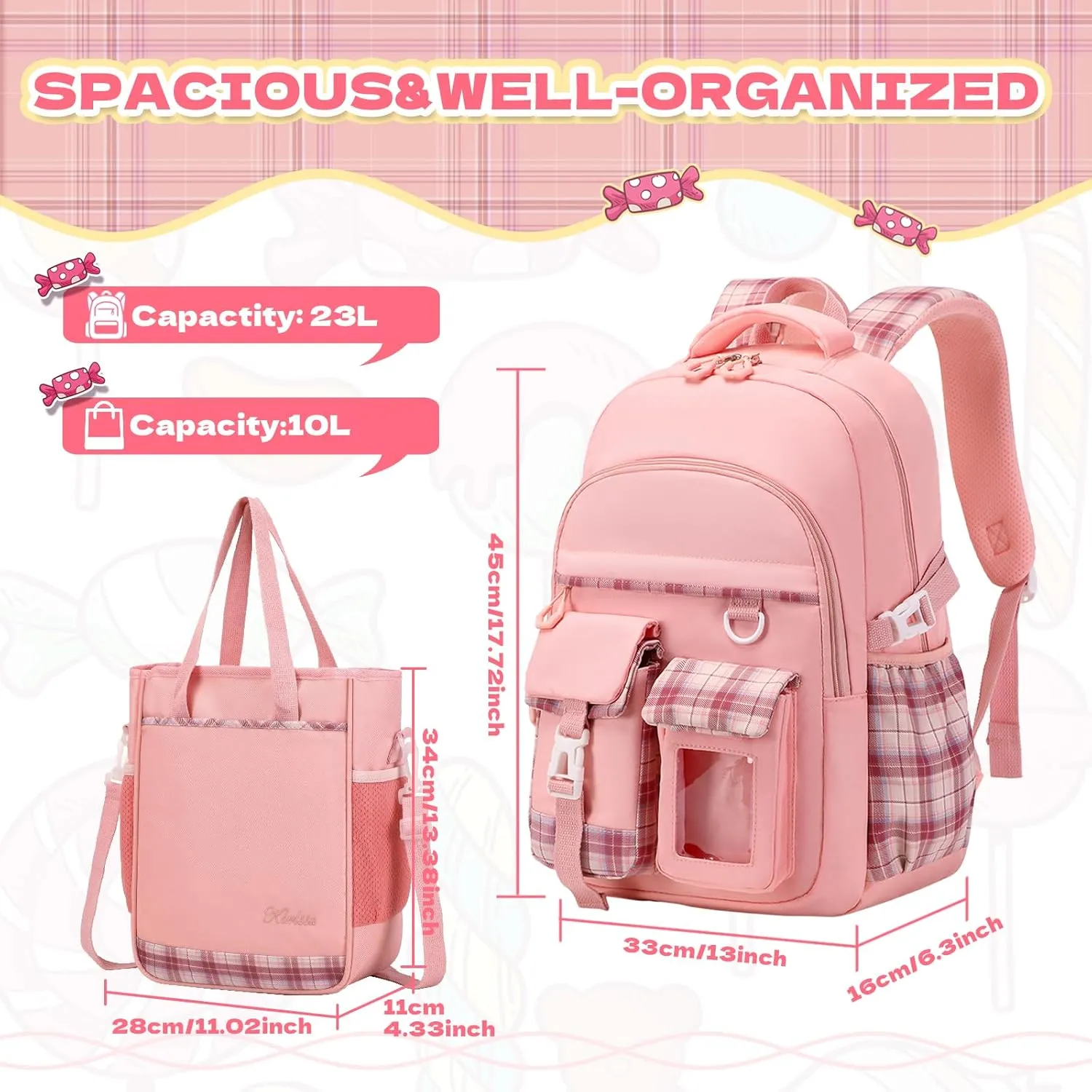 Girls Backpack, 2pcs Set School Backpack with Convertible Shoulder Tote Bag Water Resistant Book Bag for Primary Elementary School,Pink